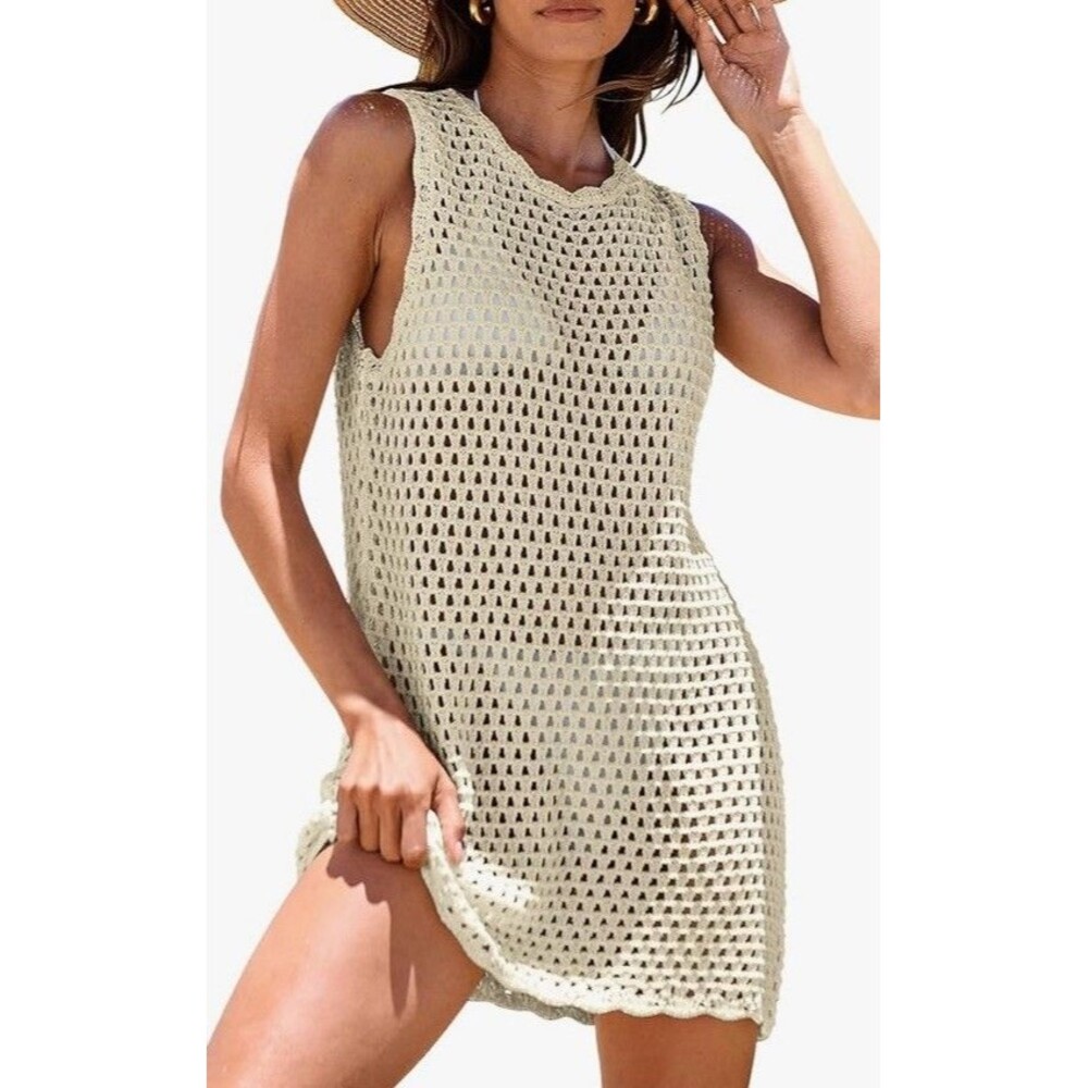 Crochet Swimsuit Coverup Dress Womens M Apricot Color Coastal Boho Cottage core